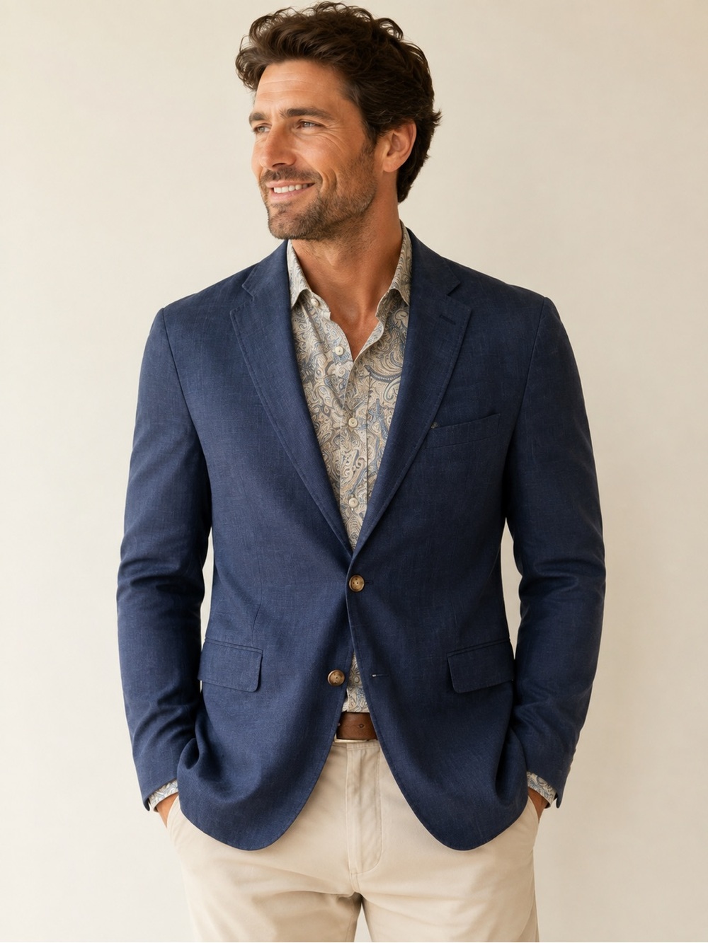 Alan Flusser Blue Linen Blend Blazer Sport Coat Paisley Lined Two Button 44R